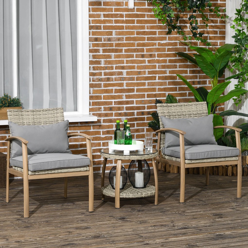 Outsunny Set Mobilier Terasă 3 Piese din Răchită, Salon Exterior cu Perne Moi și Masă de Cafea din Sticlă Securizată, Confortabil | Aosom Romania