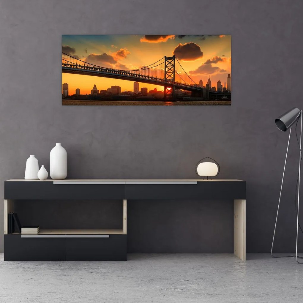 Tablou - Apus de soare peste Podul Ben Franklin, Philadelphia (120x50 cm)