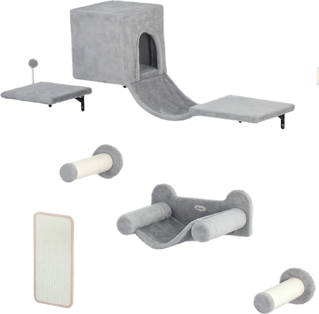 PawHut Perete de cățărat pentru pisici 6 piese set de cățărat cu căsuță pentru pisici, hamac, platformă placă de zgâriat Gri | Aosom Romania