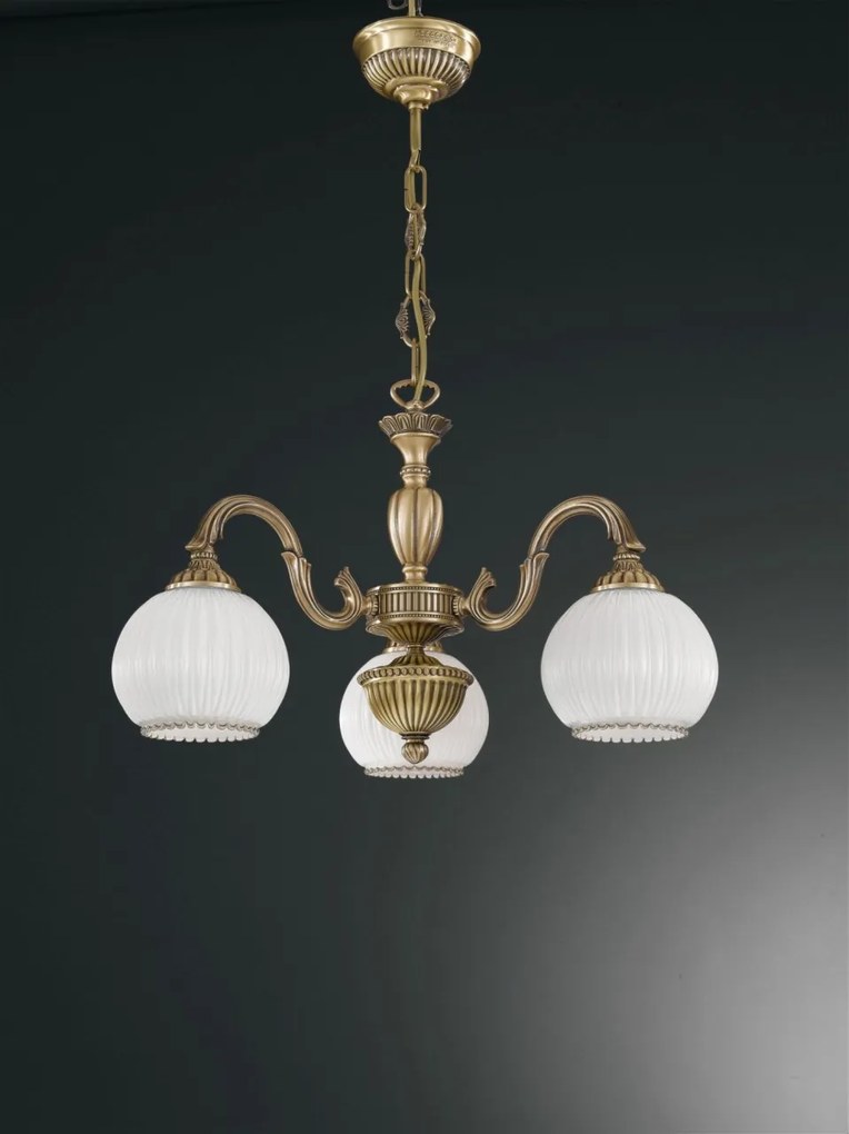 Candelabru cu 3 brate clasic design italian din alama, sticla 9200 RA-L. 9200/3
