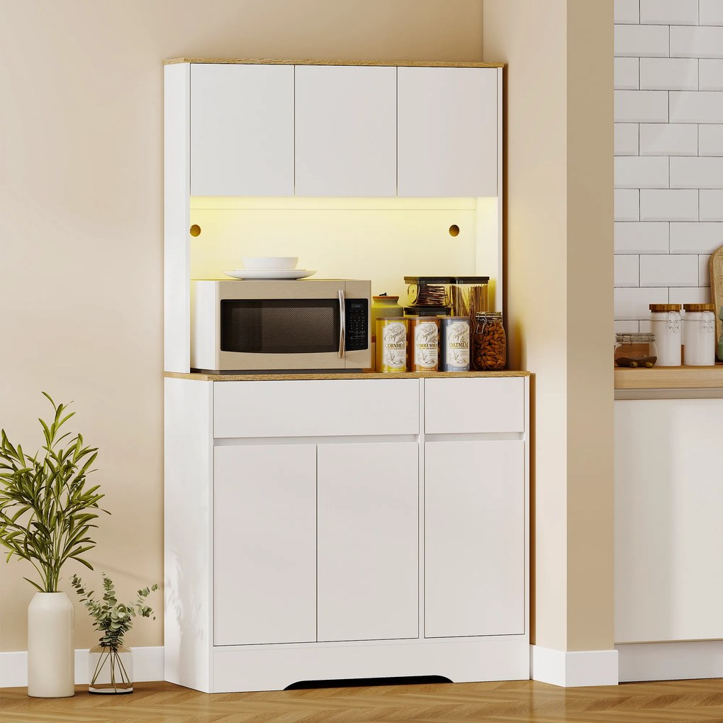 HOMCOM Bufet bucătărie mobilier de bucătărie de depozitare înalt cu lumină LED RGB, blat de lucru, 6 uși, 2 sertare, alb | Aosom Romania