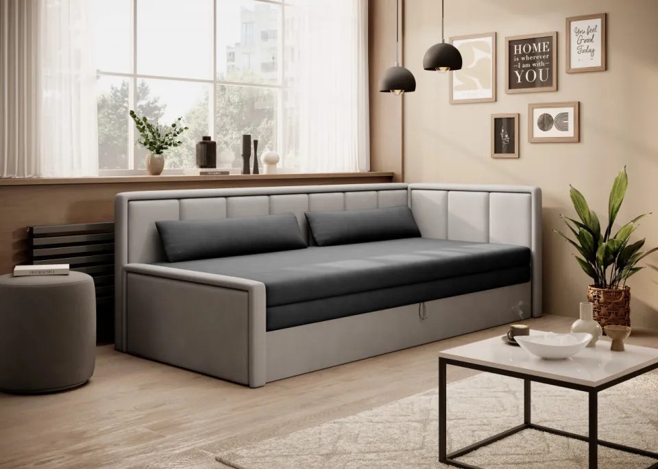 Canapea tapitata, extensibila, cu spatiu pentru depozitare, 214x77x82 cm, Fulgeo R01, Eltap (Culoare: Mov inchis / Gri)