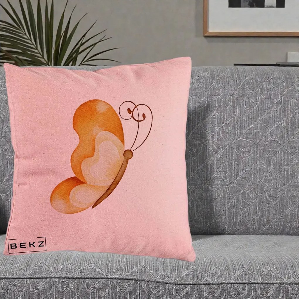 Perna Decorativa Fluture Acuarela Auriu, 40x40 cm, Roz, Husa Detasabila, Perna Inclusa, BEKZ®