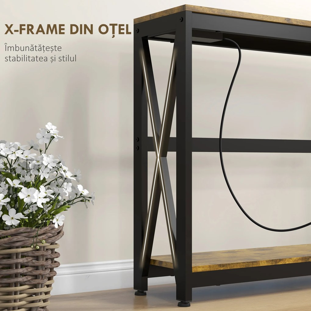 HOMCOM Masă Subțire de Consolă, Masă Industrială cu Două Nivele, Masă de Canapea Îngustă cu Cadru X din Oțel, 100x24x75 cm, Maro