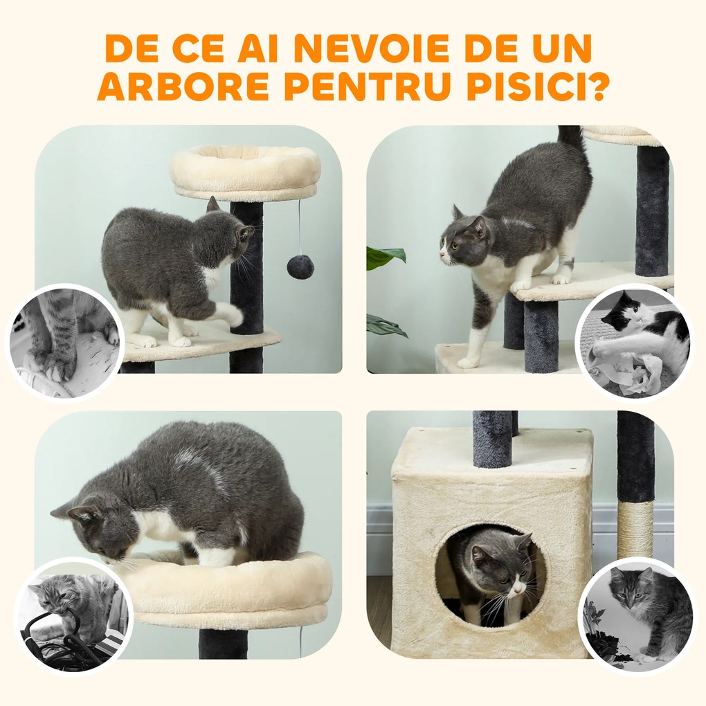 PawHut Arbore zgârietor pentru pisici, înalt de 92 cm, cu căsuță, culcuș, stâlpi din sisal și bila, crem alb | Aosom Romania