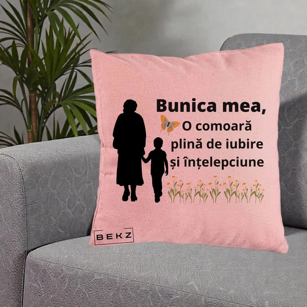 Cadou pentru Bunica - Perna Personalizata Bunica Mea Comoara cu Fluture si Baietel, 40x40 cm, Roz, Husa Detasabila, Perna Inclusa, BEKZ®
