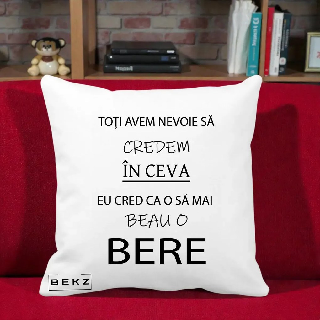 Perna Decorativa Eu Cred ca mai Beau o Bere, 40x40 cm, Alba Mata, Husa Detasabila, Perna Inclusa, BEKZ®