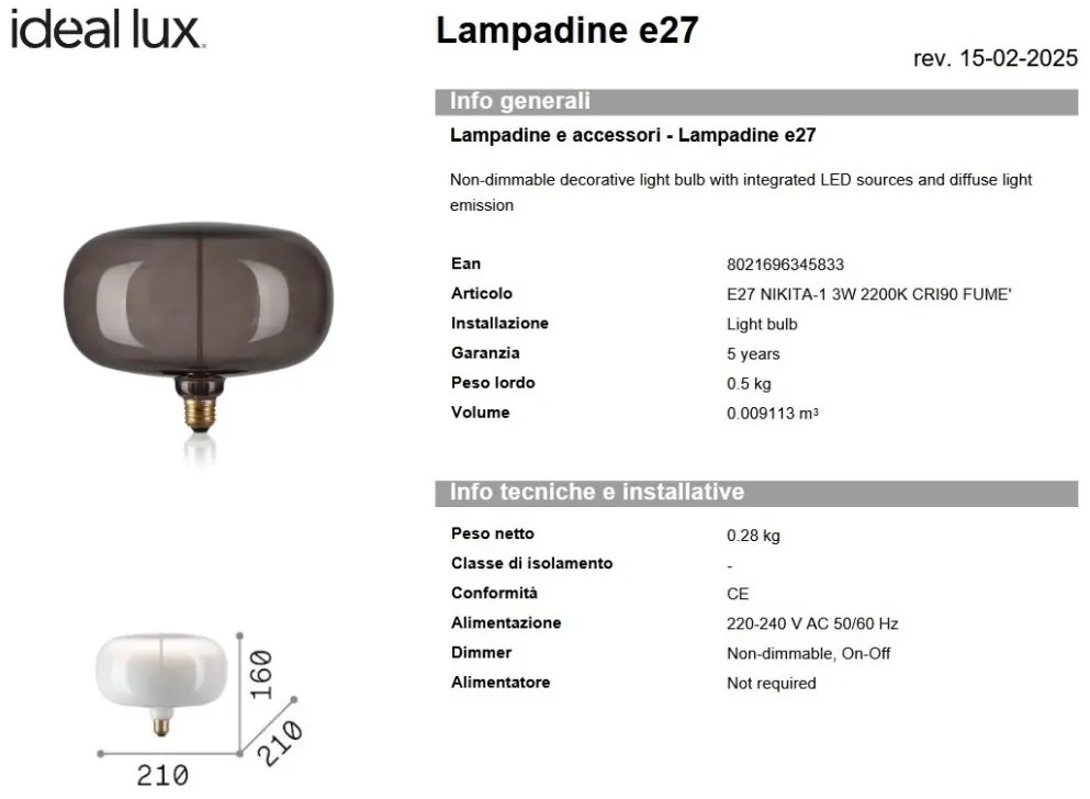 Bec LED Decorativ, E27 Nikita-1 3w 2200K cri90, Fumuriu
