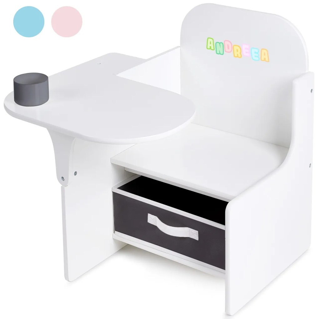 Set Masuta Cu Scaun Incorporat pentru Copii 3 In 1, Din Lemn Mdf, Varsta 3-6 ani Alb si Gri