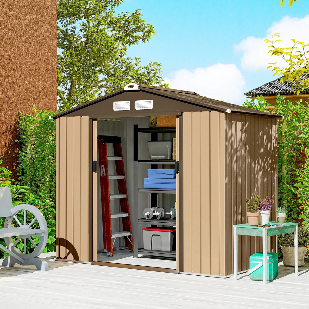 Outsunny Șopron de grădină exterior 2,42 m² 213x130x185 cm cu ușă culisantă, ventilație și kit de fundație, galben | Aosom Romania