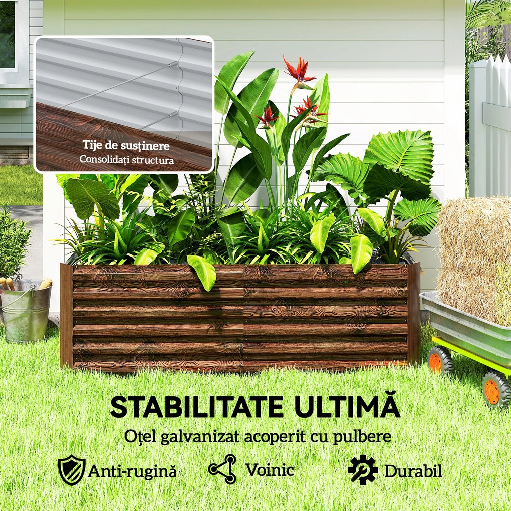 Outsunny Pat pentru Grădină Ridicat cu Fund Deschis și Bare de Suport, Ghiveci din Oțel Zincat pentru Flori și Legume, pentru Balcon sau Grădină, 180x90x57,5 cm, Maro Închis | Aosom Romania