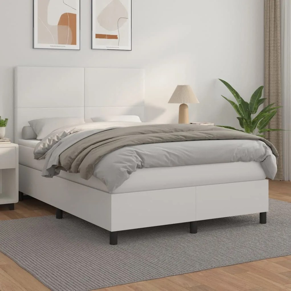 vidaXL Pat box spring cu saltea, alb, 140x200 cm, piele ecologică