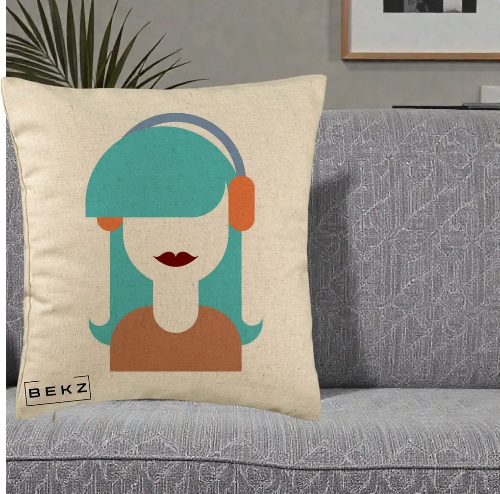 Perna Decorativa Fata cu Casti Muzica Grafic, 40x40 cm, Bej, Husa Detasabila, Perna Inclusa, BEKZ®