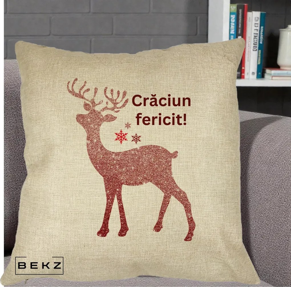 Perna Decorativa Ren Sclipitor Glitter Craciun Fericit, 40x40 cm, Crem, Husa Detasabila, Perna Inclusa, BEKZ®