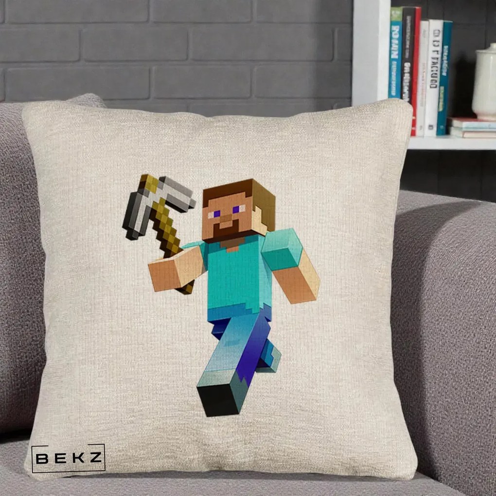 Perna Personalizata Minecraft Steve cu Tarnacop, 40x40 cm, Bej Canapea, Husa Detasabila, Perna Inclusa, BEKZ®