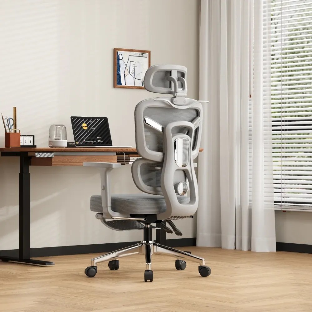 NEXORA CONFORT – Scaun ergonomic, suport lombar 3D adaptiv, tetieră 4D, cotiere 3D, șezut glisant, recliner 135°, suport pentru picioare, bază metalică, Mesh, Gri
