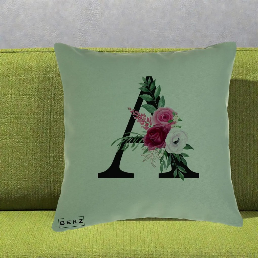 Cadou Personalizat - Perna Personalizata Monograma Florala Litera A, 40x40 cm, Verde, Husa Detasabila, Perna Inclusa, BEKZ®