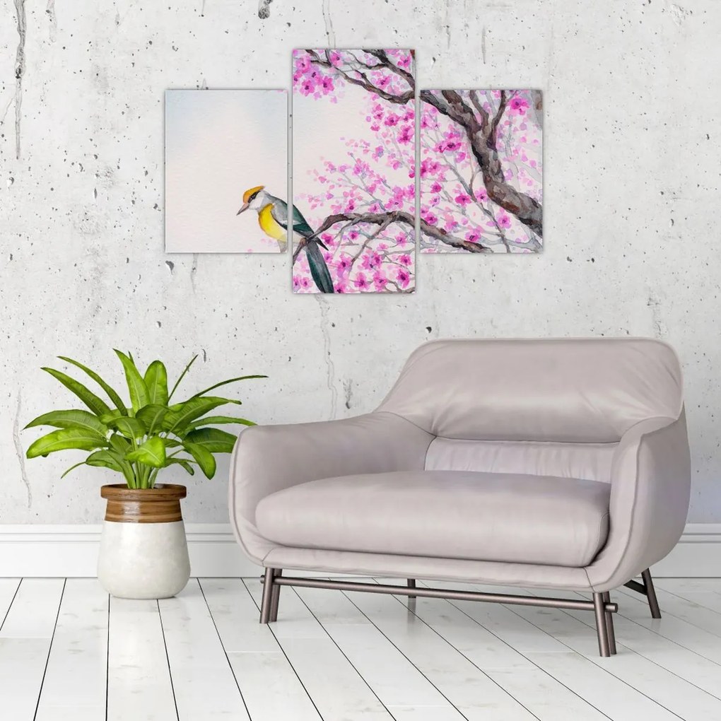 Tablou - Pasăre pe un copac cu flori roz (90x60 cm)