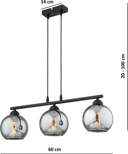 Brilagi - Lustră suspendată pe cablu DIOR 3xE27/60W/230V negru/gri fumuriu