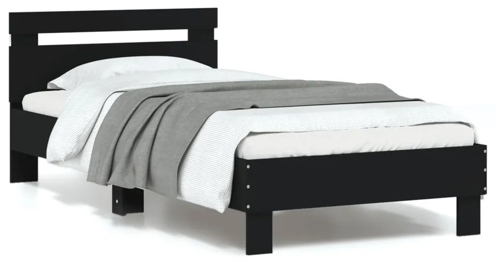 vidaXL Cadru de pat cu tăblie și lumini LED, negru, 90x200 cm