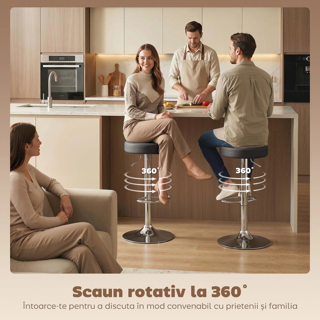 HOMCOM Set 2 Scaune de Bar din Piele PU, Rotative, Înălțime Reglabilă pentru Bucătărie, Negru | Aosom Romania