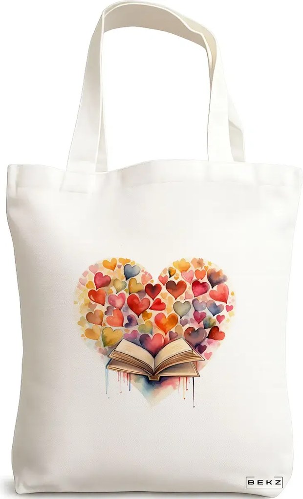 Sacosa de Panza pentru Cumparaturi, Geanta Tote, model Books and hearts 38 x 34.5 cm, Alba, BEKZ®