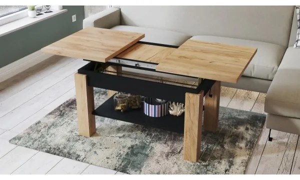 Masă extensibilă ADONIS cu poliță, stejar craft/negru, pentru living și dining