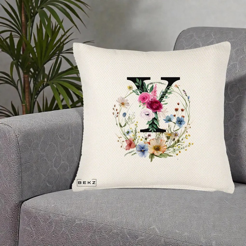 Cadou Personalizat - Perna Personalizata Monograma Florala Litera Y cu Coroana, 40x40 cm, Crem Reliefat, Husa Detasabila, Perna Inclusa, BEKZ®