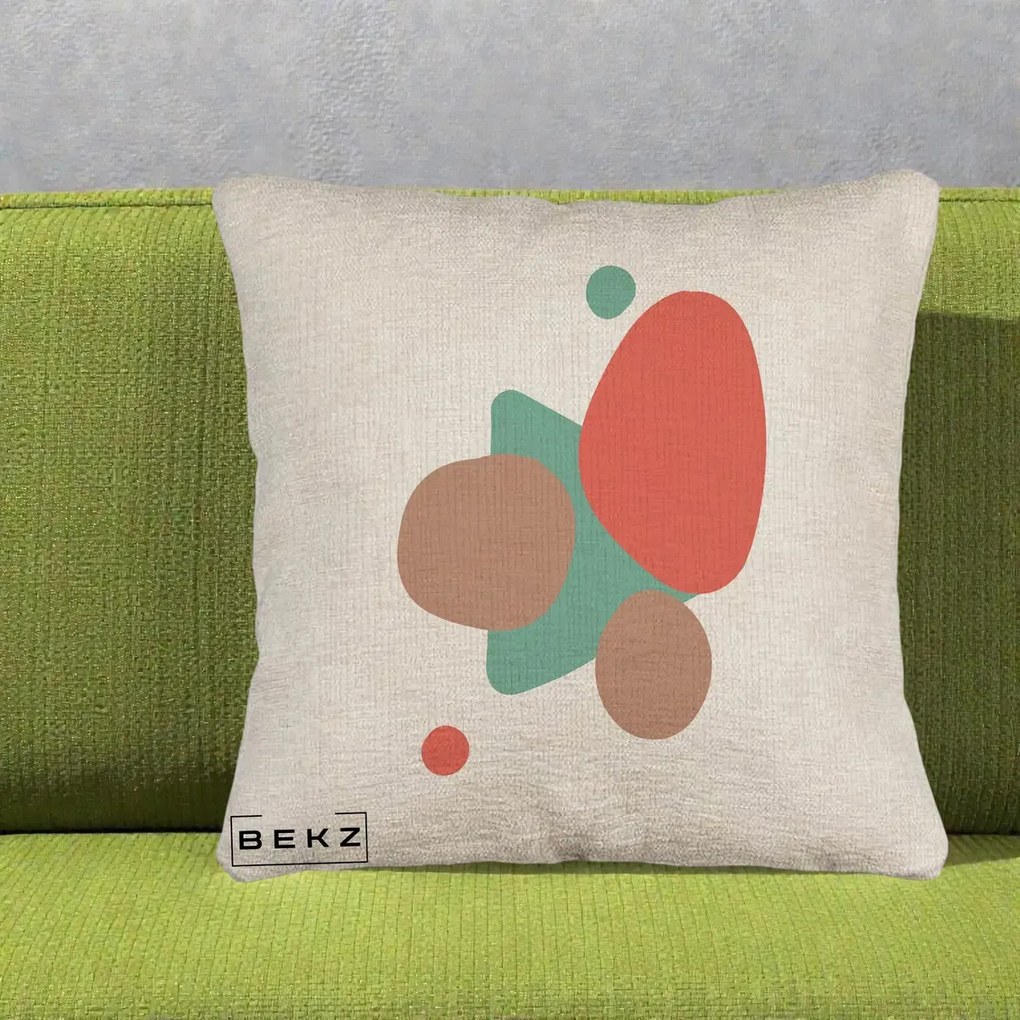 Perna Decorativa Abstract Forme Coral Turcoaz, 40x40 cm, Bej Canapea, Husa Detasabila, Perna Inclusa, BEKZ®