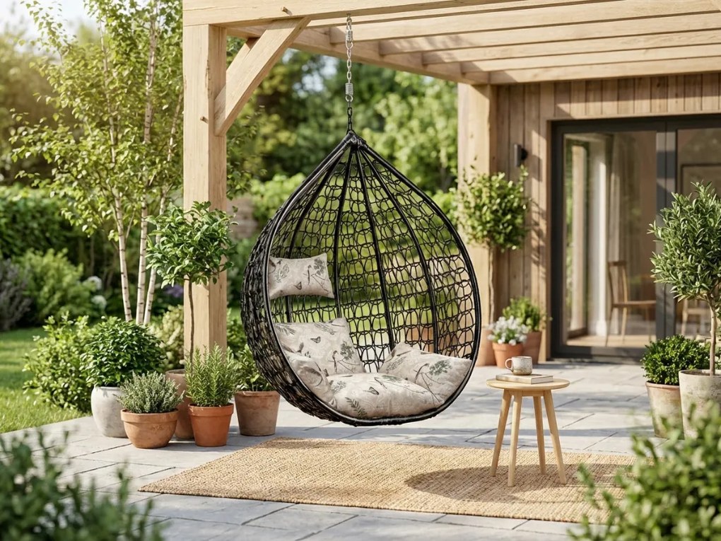 Scaun suspendat negru KOKON fara suport, perna bej