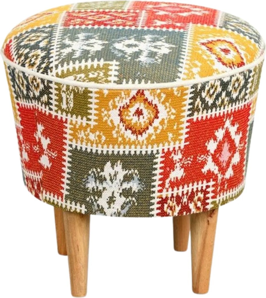 Taburet RUG, multicolor/stejar, material textil/lemn, 42x42x42 cm