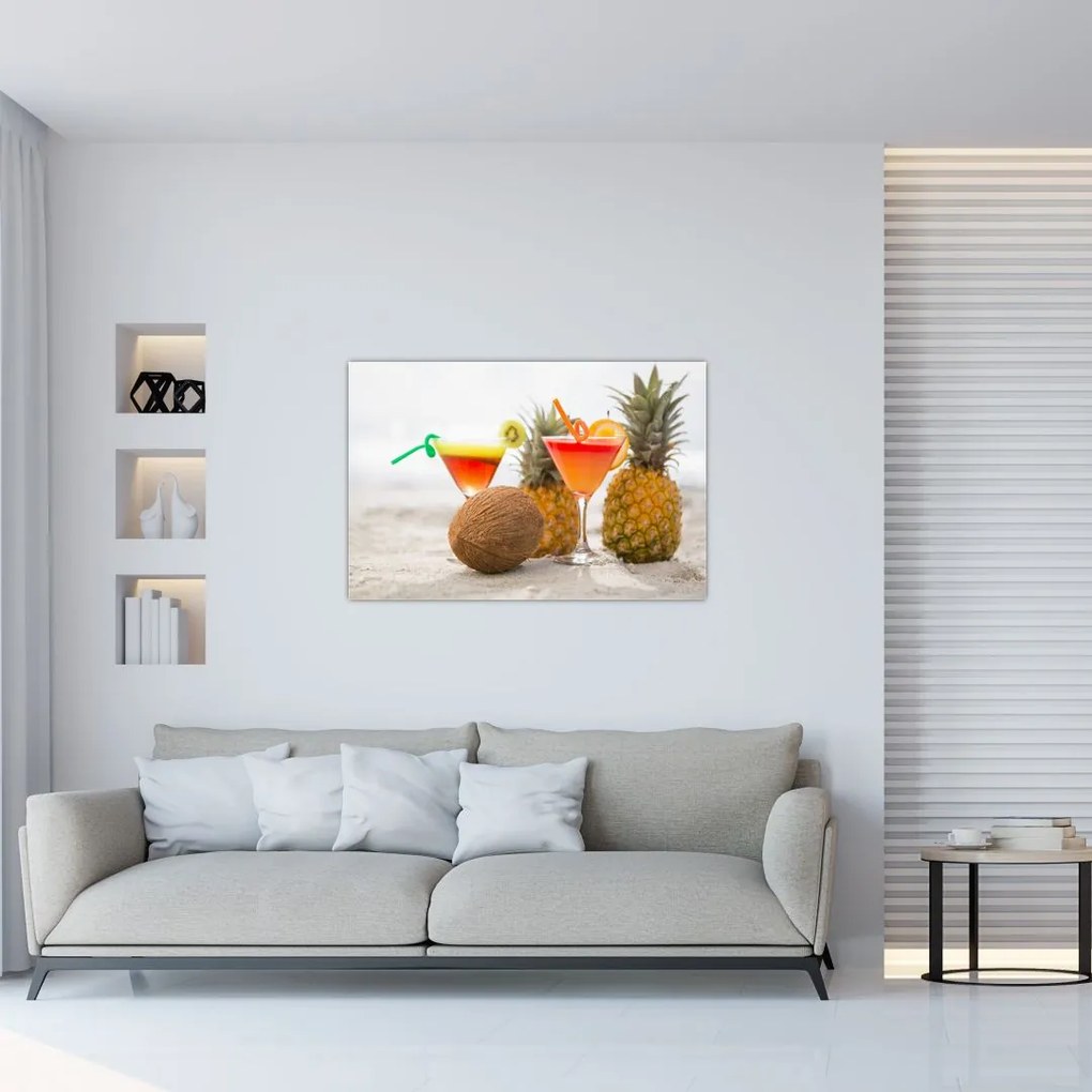 Tablou cu ananas și pahare pe plajă (90x60 cm)