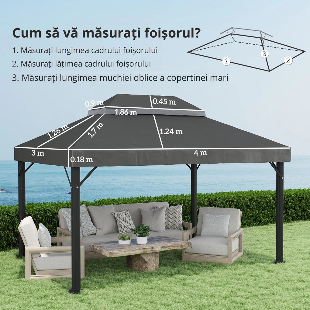 Outsunny Acoperiș de rezervă pentru pavilion, 3 x 4 m, husă de rezervă cu orificii de scurgere, poliester, protecție solară, UPF30+, Gri închis | Aosom Romania