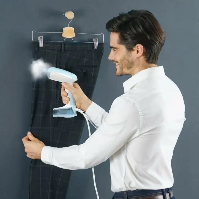 Fier de călcat vertical cu abur Tefal DT3041E1, 1300 W, 0,12 l, 20 g/min, talpă ceramică, pliabil, alb/albastru