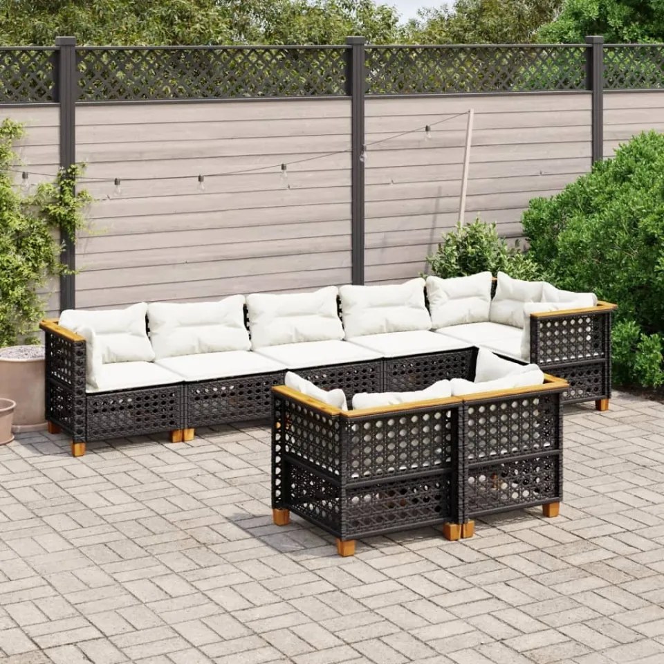 Set mobilier de grădină cu perne, 8 piese, negru, poliratan