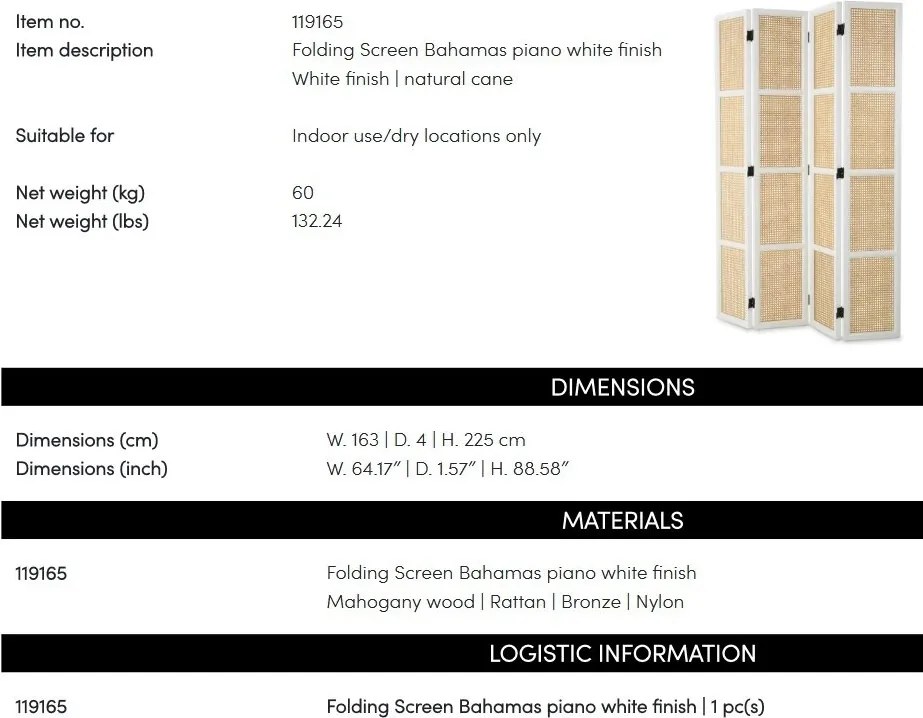 Paravan decorativ LUX, Lemn, Rattan, Bahamas alb