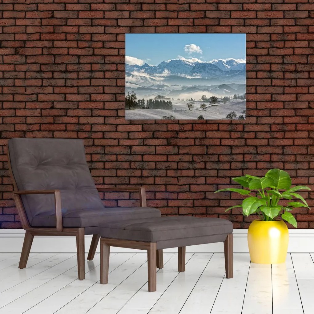 Tablou pe sticlă cu munții înzăpeziți (70x50 cm)