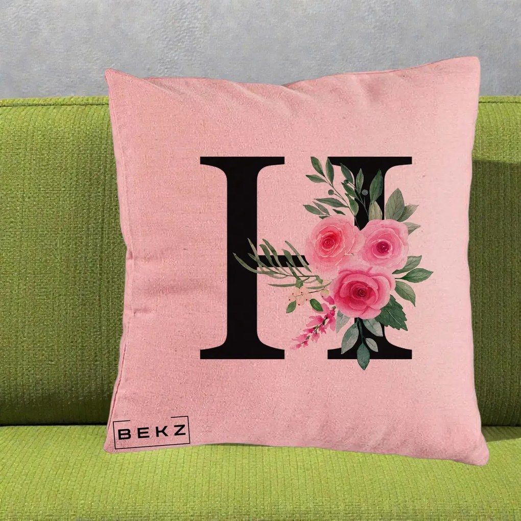 Cadou Personalizat - Perna Personalizata Monograma Florala Litera H cu Trandafiri Roz, 40x40 cm, Roz, Husa Detasabila, Perna Inclusa, BEKZ®