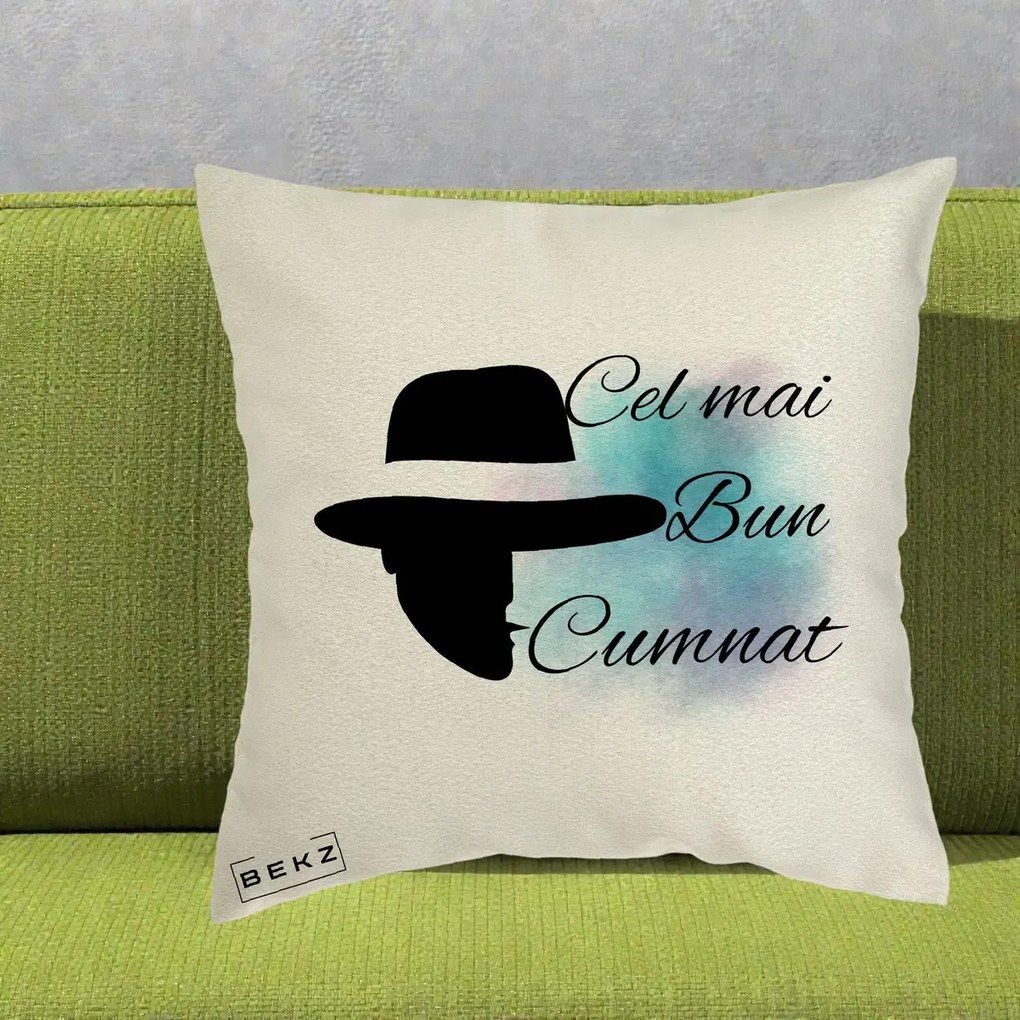 Cadou pentru Cumnat - Perna Personalizata Cel mai Bun Cumnat cu Silueta Palarie si Pete Teal-Roz, 40x40 cm, Ecru, Husa Detasabila, Perna Inclusa, BEKZ®