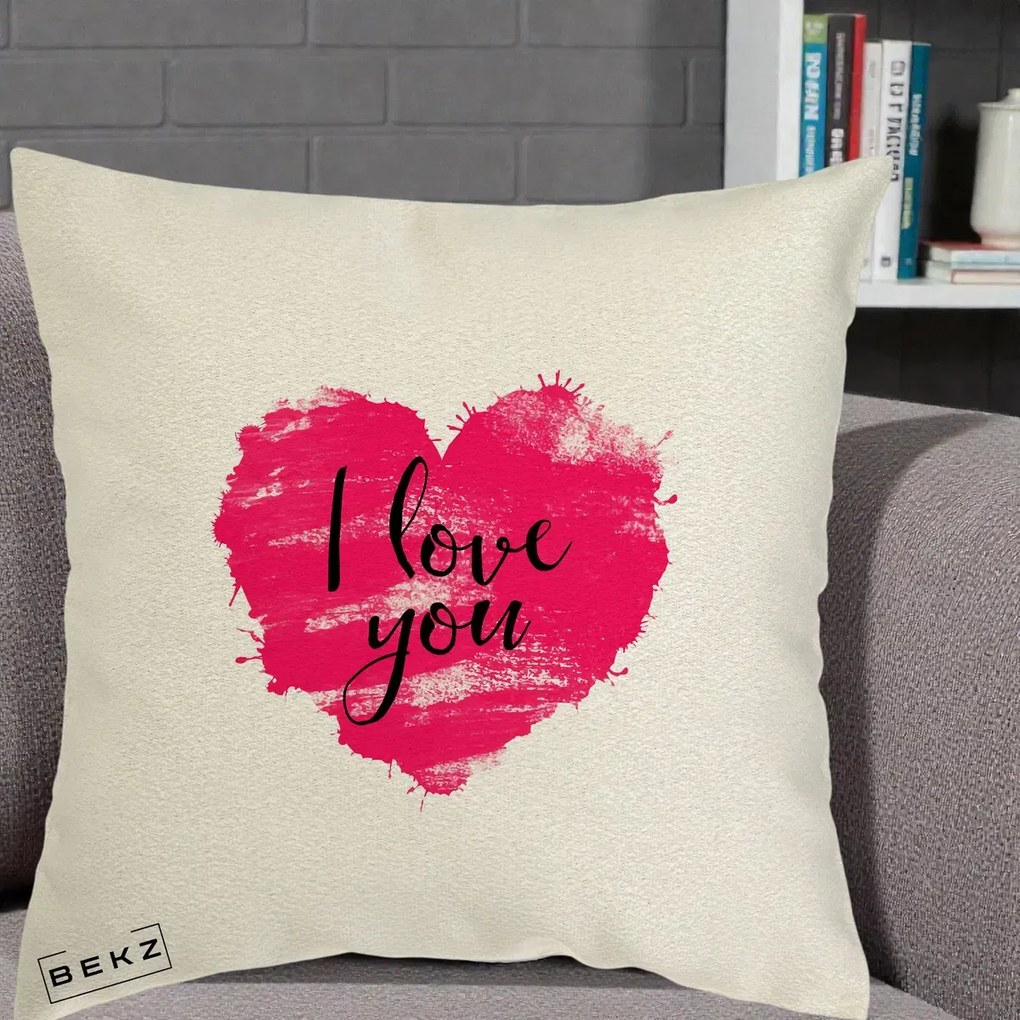 Cadou Romantic - Perna Personalizata I Love You Inima Roz, 40x40 cm, Ecru, Husa Detasabila, Perna Inclusa, BEKZ®