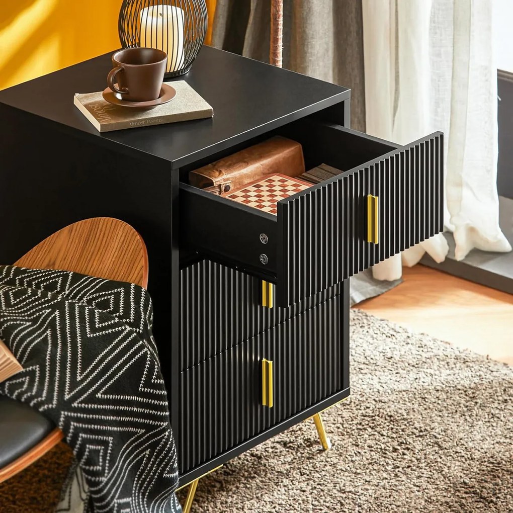 NON12 - Set 2x Noptiere negre 40x40x63cm, riflaje, cu 3 sertare, dormitor - Negru-Auriu