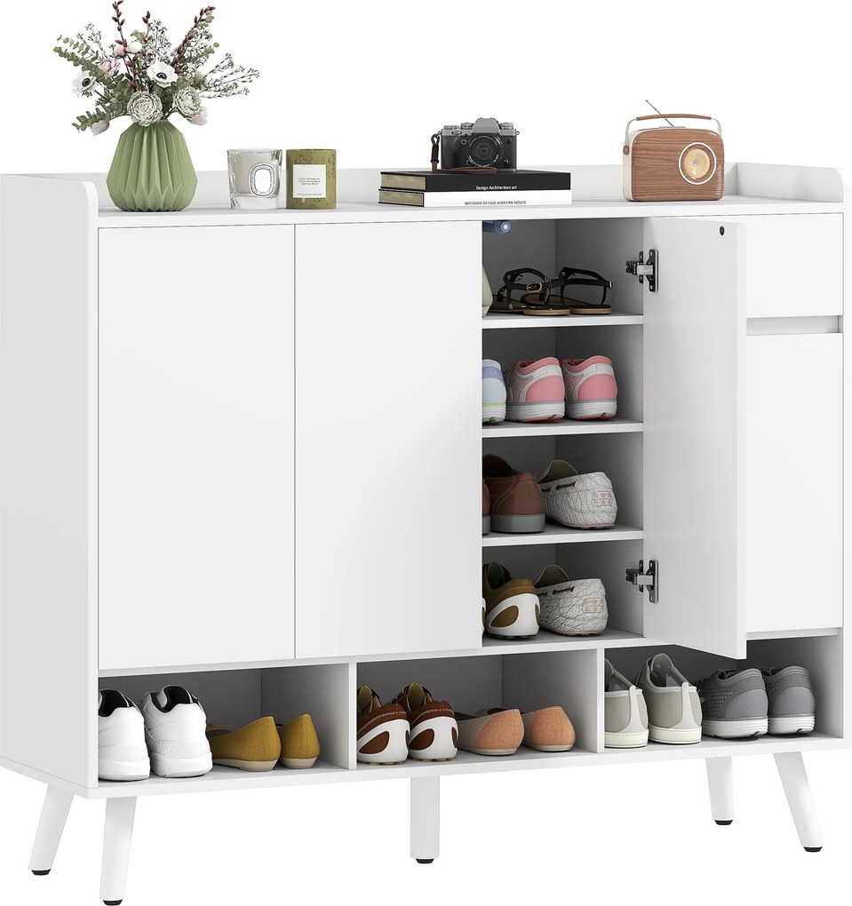 HOMCOM Dulap pentru pantofi cu design fără mânere, 4 uși, 4 rafturi reglabile, raft independent pentru pantofi cu 5 picioare din lemn, lemn, Alb | Aosom Romania