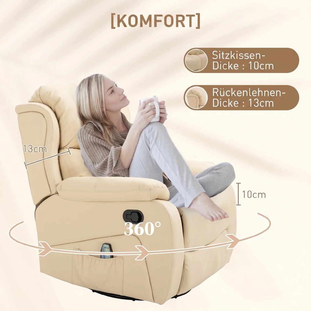 HOMCOM Fotoliu de Ralaxare cu 8 puncte de masaj și Încălzire, Fotoliu Reclinabil cu Suport pentru Picioare, 97x92x104 cm, Bej | Aosom Romania