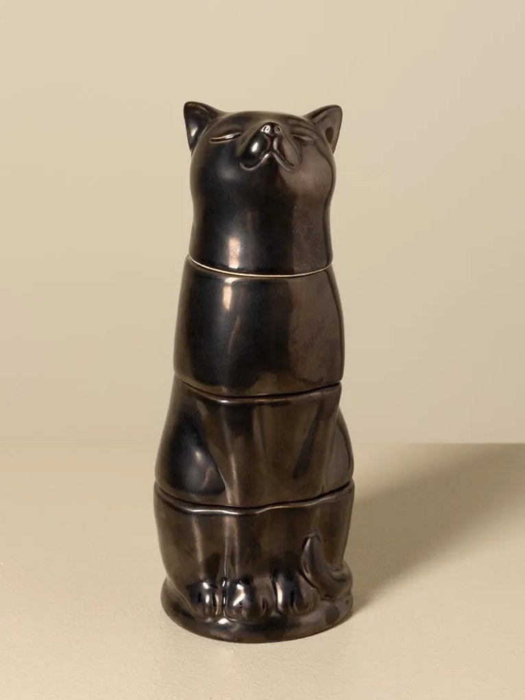 Set 4 căni suprapuse din ceramică, formă de pisică, maro antichizat, 25 × 10 cm, „Cat Stack"
