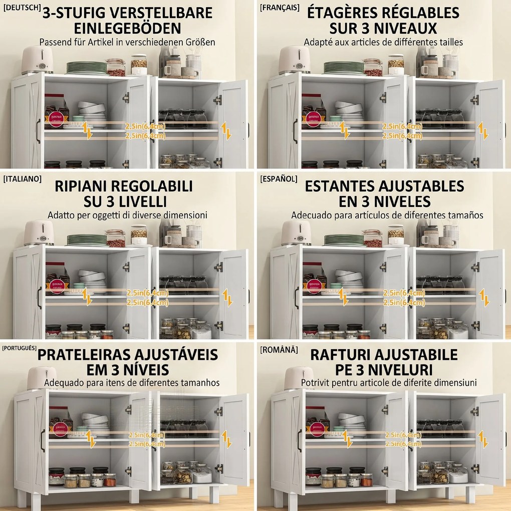 Dulap multifuncțional MDF cu 4 nivele cu 2 rafturi reglabile pentru sufragerie, bucătărie și intrare, 120x37x75 cm, alb HOMCOM | Aosom Romania