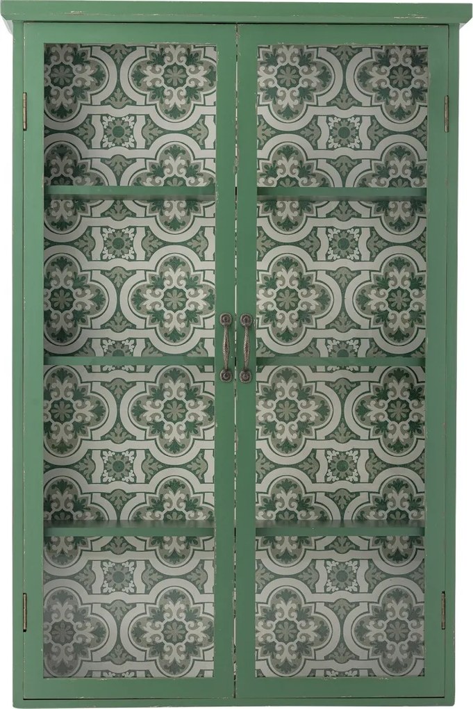 Dulap din lemn masiv verde cu uși vitrate și model floral interior, 81×18×122 cm, „Hazem"