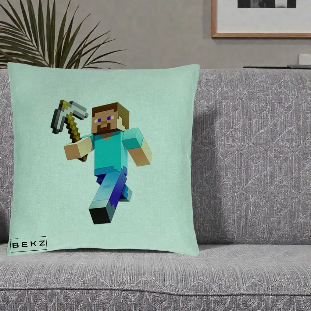 Perna Personalizata Minecraft Steve cu Tarnacop, 40x40 cm, Verde Menta, Husa Detasabila, Perna Inclusa, BEKZ®