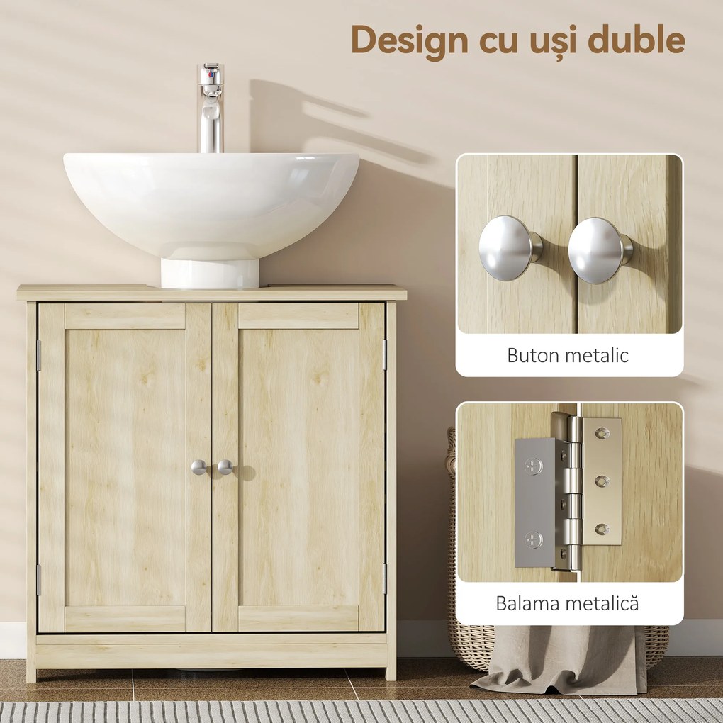 Kleankin Dulap Sub Chiuvetă cu 2 Uși și Raft Reglabil, Dulap de Baie Spațios cu Decupaj în Formă de U, 60x30x60 cm, Alb | Aosom Romania