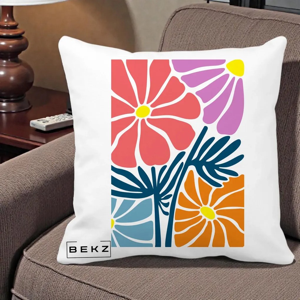 Perna Decorativa Flori Grafice Roz-Orange-Albastru, 40x40 cm, Alba Mata, Husa Detasabila, Perna Inclusa, BEKZ®