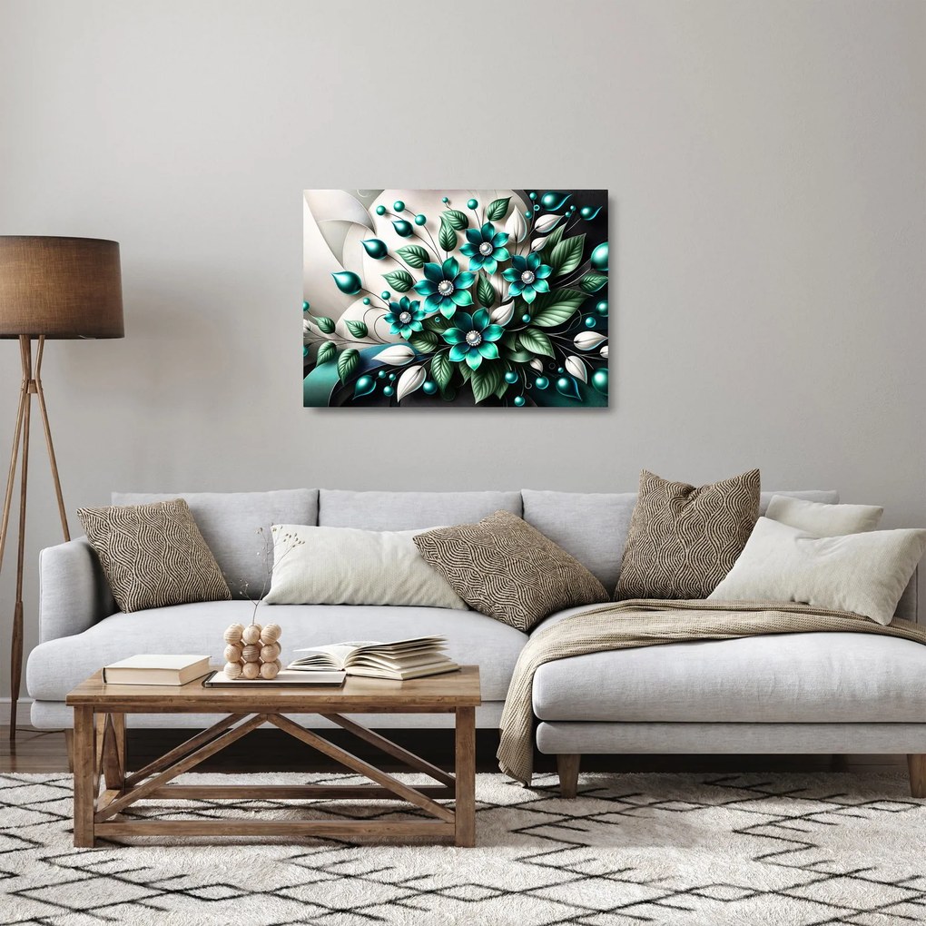 Tablou pe sticlă - Flori turcoaz 3D (70x50 cm)